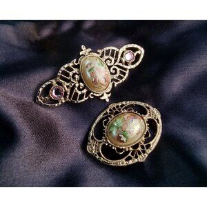 Vintage 1928 Floral Enamel Brooch Set Gold-Tone Filigree
